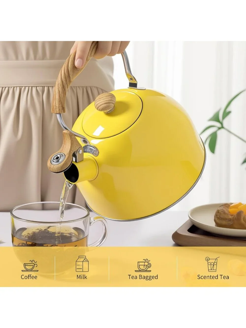 Yellow Kitchen Whistling Tea Kettle 2.5 QT Stainless Steel Wood Folding Handle